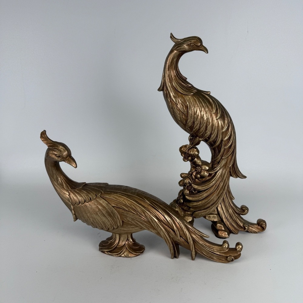 Vintage Syroco Peacock/Pheasant Gold Figurine Set Pair USA Hollywood Regency 13"